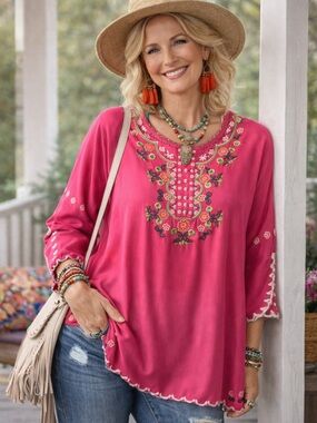 Shirt Fuchsia Embroidered Boho Tunic